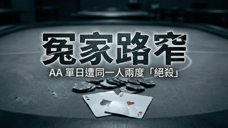 昏暗的撲克牌桌上有兩張起手牌 AA 和籌碼，上方文字寫著「冤家路窄 AA 單日遭同一人兩度絕殺」，描繪發生在金塊賭場的撲克慘案。