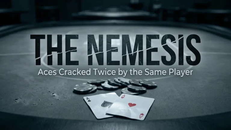 Pocket Aces (AA) playing cards and poker chips on a dark felt table, with text overlay reading "THE NEMESIS - Aces Cracked Twice by the Same Player", illustrating a poker bad beat story at the Golden Nugget.