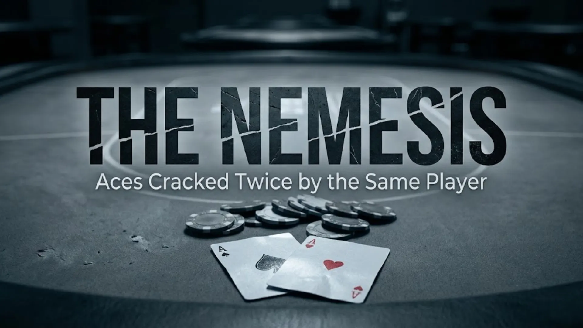Pocket Aces (AA) playing cards and poker chips on a dark felt table, with text overlay reading "THE NEMESIS - Aces Cracked Twice by the Same Player", illustrating a poker bad beat story at the Golden Nugget.