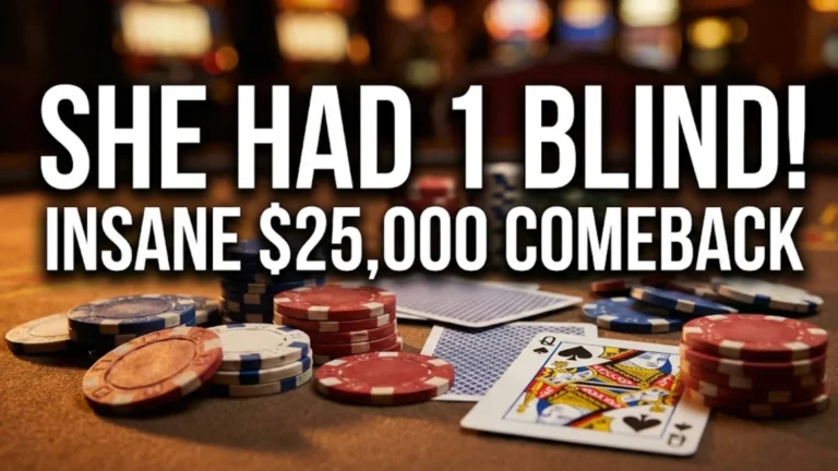 Poker chips and Queen of Spades card on felt table with text "SHE HAD 1 BLIND! INSANE $25,000 COMEBACK".