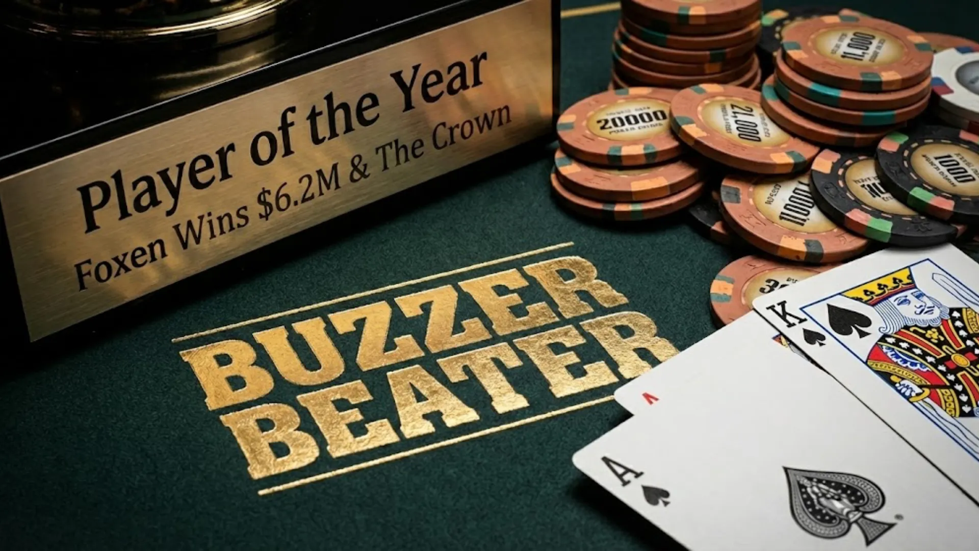 Macro photograph of a PokerGO Tour Player of the Year trophy plaque engraved "Foxen Wins $6.2M & The Crown" next to poker chips and Ace-King of spades cards on green felt with gold "BUZZER BEATER" text.