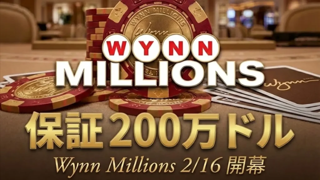 Wynn Millions ポーカーチップとトランプの接写、テキストは保証200万ドル 2月16日開幕