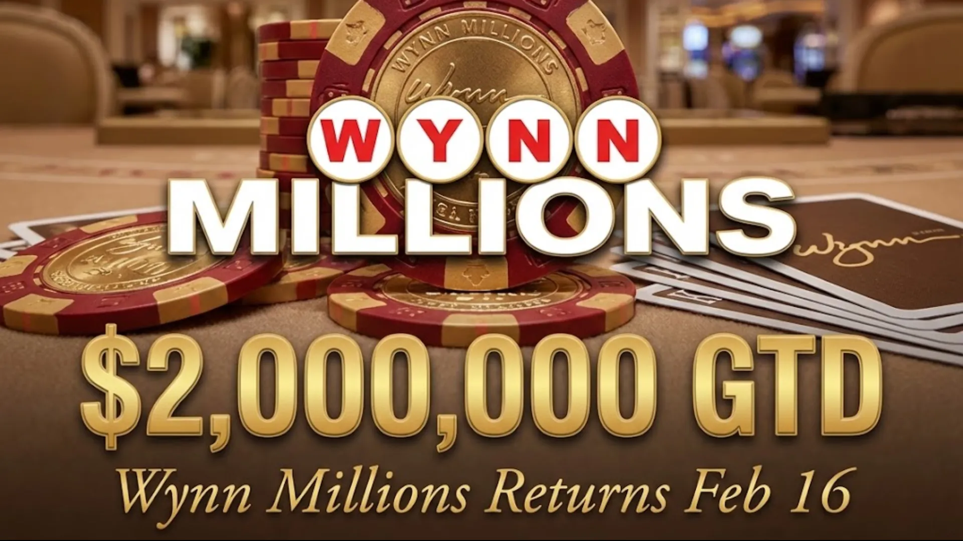 Wynn Millions poker chips and cards on felt table with text $2,000,000 GTD Returns Feb 16
