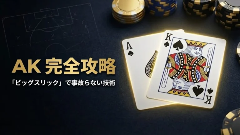 黒いテーブル上のスペードのエースとキング、そしてゴールドのチップ。ポーカーAK（ビッグスリック）完全攻略と事故らないための戦略ガイドのイメージ。