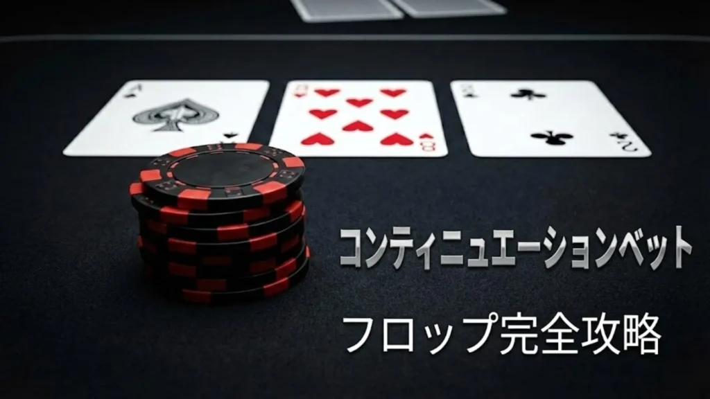 ダークなテーブル上に置かれた赤と黒のポーカーチップのスタックとAハイのフロップ。コンティニュエーションベット (CB) 戦略によるフロップの支配を表すイメージ図。