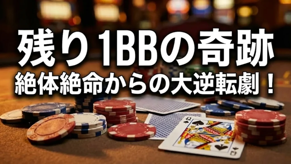 ポーカーチップとスペードのQ、そして「残り1BBの奇跡 絶体絶命からの大逆転劇！」というテキスト。