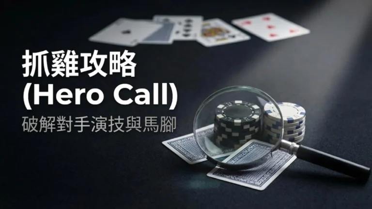 黑色牌桌上的放大鏡聚焦於籌碼與撲克牌，象徵德州撲克抓雞 (Bluff Catching) 策略與破解對手馬腳 (Tells) 的深度分析。