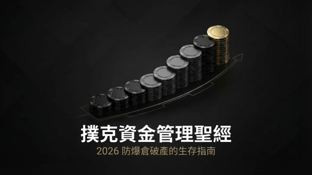 抽象示意圖顯示呈上升趨勢的黑色與金色撲克籌碼堆，代表 2026 年職業撲克資金管理 (BRM) 策略與防爆倉指南。