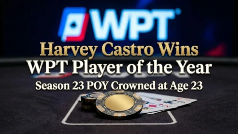 Harvey Castro WPT Season 23 Player of the Year winner announcement graphic with golden poker chip and WPT logo.