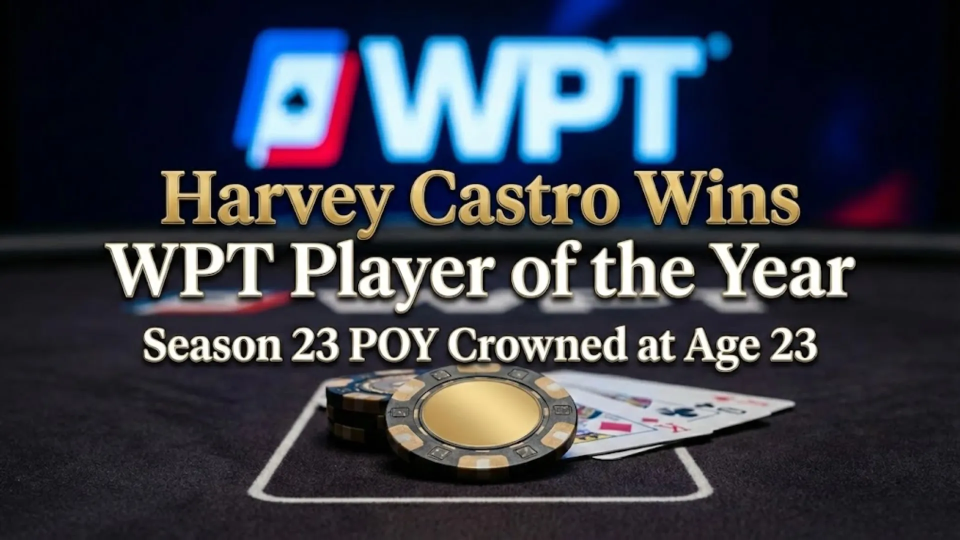 Harvey Castro WPT Season 23 Player of the Year winner announcement graphic with golden poker chip and WPT logo.