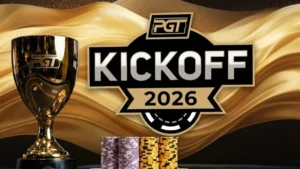 PGT Kickoff 2026 cover image featuring PokerGO Tour trophy, poker chips, and official PGT Kickoff 2026 logo