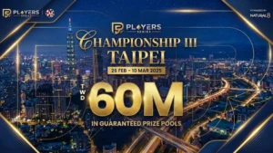 PS Championship III Taipei cover image showing Taipei skyline, 60M TWD guaranteed prize pools, Feb 26 to Mar 10 poker series by Players Series