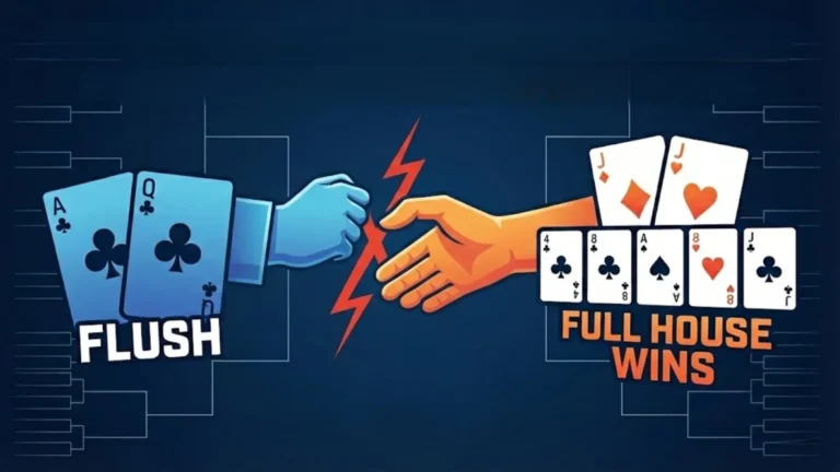 Graphic illustration of a poker hand at the National Heads-Up Poker Championship where a Full House (Jacks full of Eights) beats an Ace-high Flush on the river after a denied handshake between players.