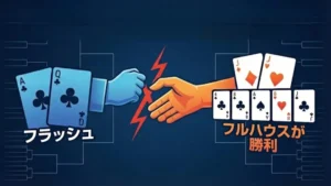 ナショナル・ヘッズアップ・ポーカー・チャンピオンシップにて、握手拒否の後、リバーで完成したフルハウス（Jacks full of Eights）がAハイフラッシュを劇的に打ち負かしたポーカーハンドの図。