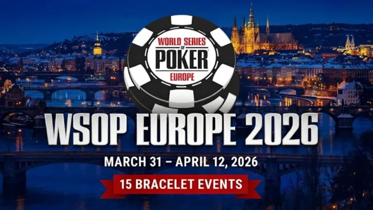 WSOP Europe 2026 cover image featuring the poker chip logo, Prague night cityscape, dates March 31–April 12, 2026, and 15 bracelet events announcement.