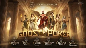 Gods of Poker online tournament series banner featuring Greek deities on a podium with event titles for Incheon, Taipei, Phnom Penh, Jeju, and Manila, sponsored by iPoker.