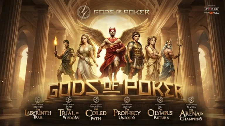 「Gods of Poker」オンラインポーカーーナメントシリーズのバナー。ギリシャの神々が表彰台に立ち、仁川、台北、プノンペン、済州、マニラのイベントタイトルが表示され、iPokerがスポンサーを務める。