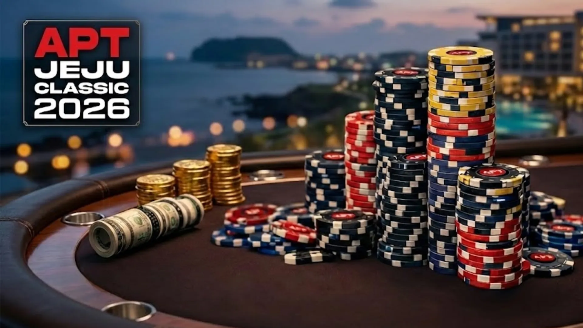 APT済州クラシック2026のトーナメントテーブルに積み上げられたポーカーチップと済州の海岸風景
