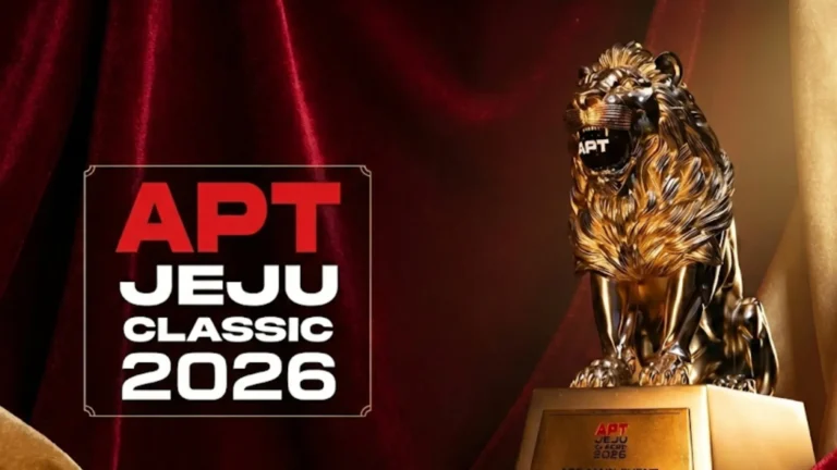 APT濟州經典賽2026封面圖，APT標誌搭配金色獅子獎盃與紅金布幕背景