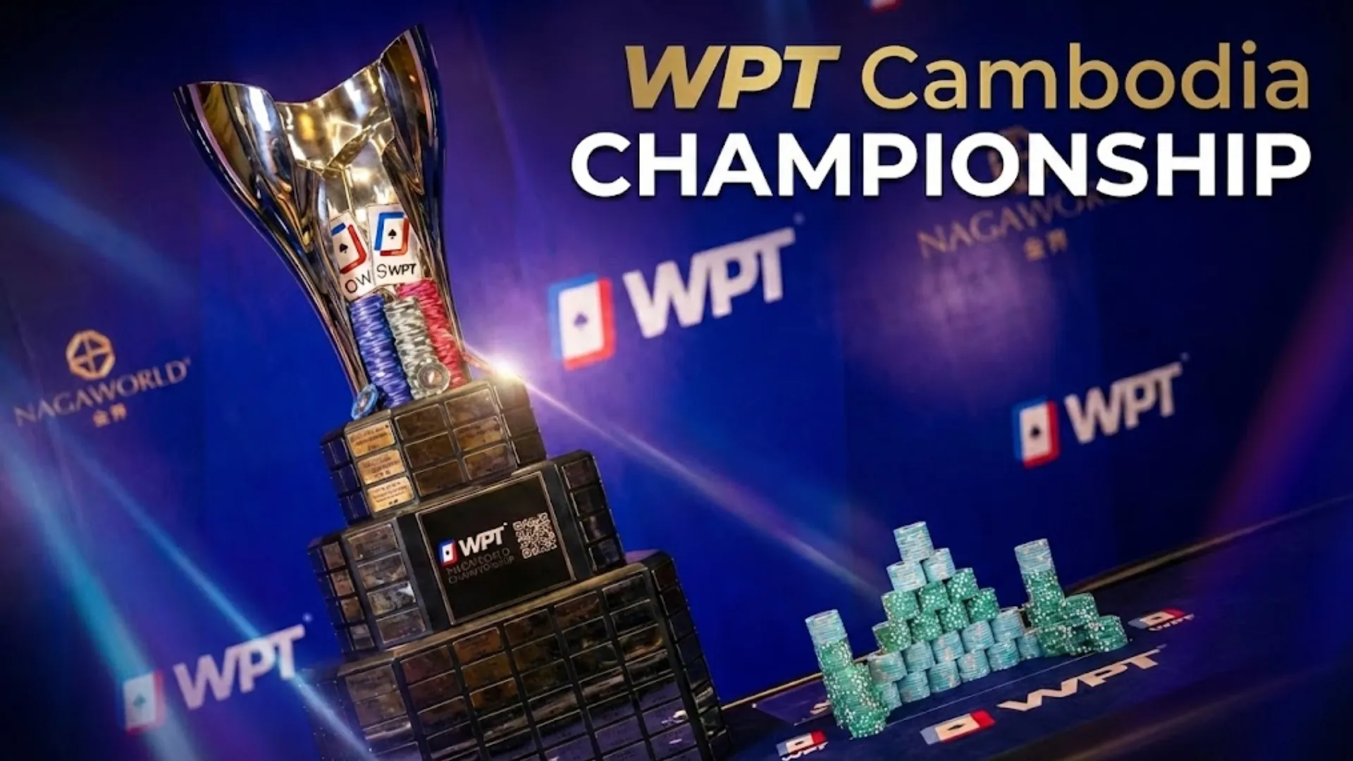 WPT Cambodia Championship trophy displayed at NagaWorld Integrated Resort in Phnom Penh