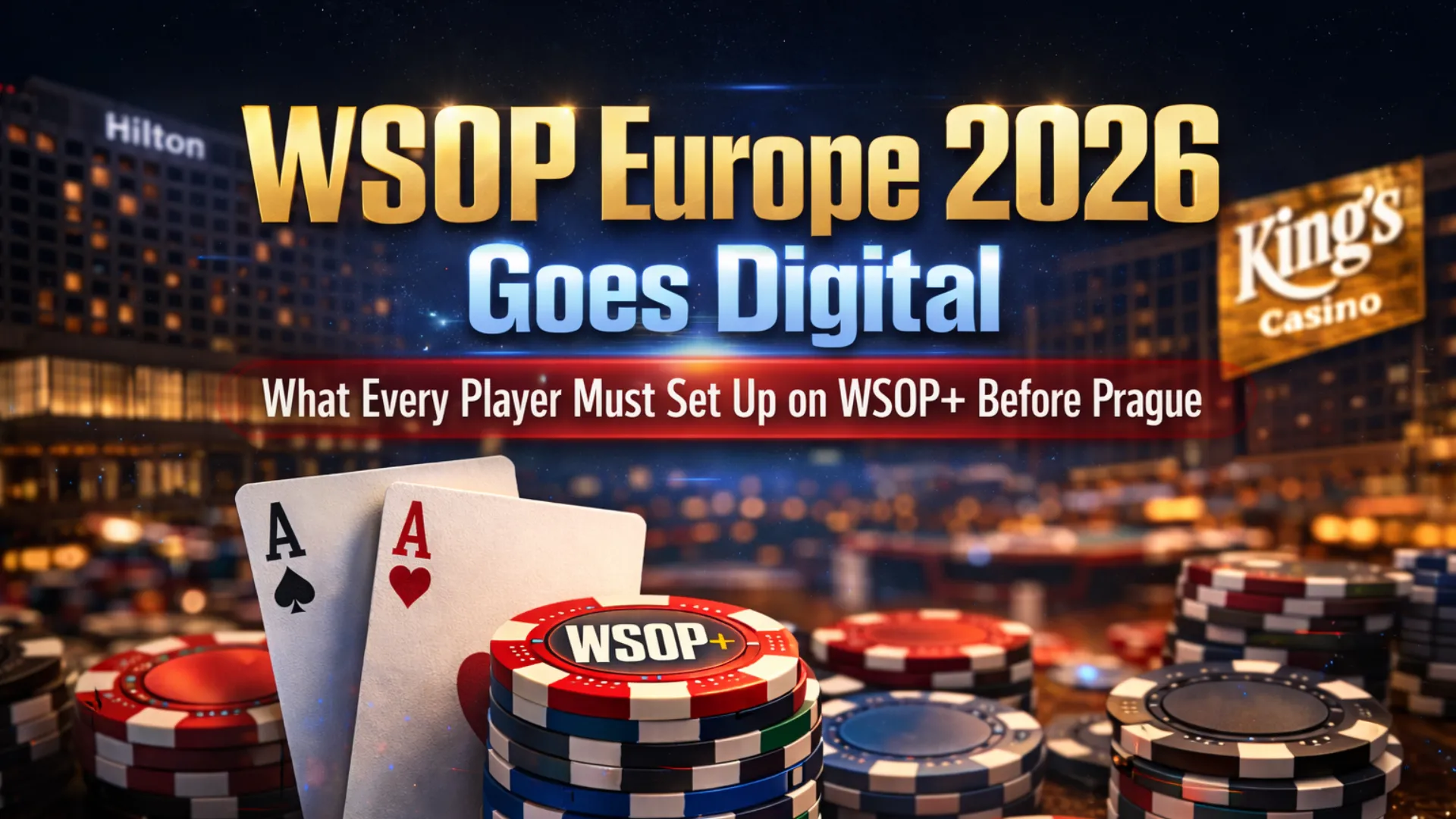 Poker chips and Aces in front of King's Casino with text WSOP Europe 2026 Goes Digital and WSOP+ setup guide