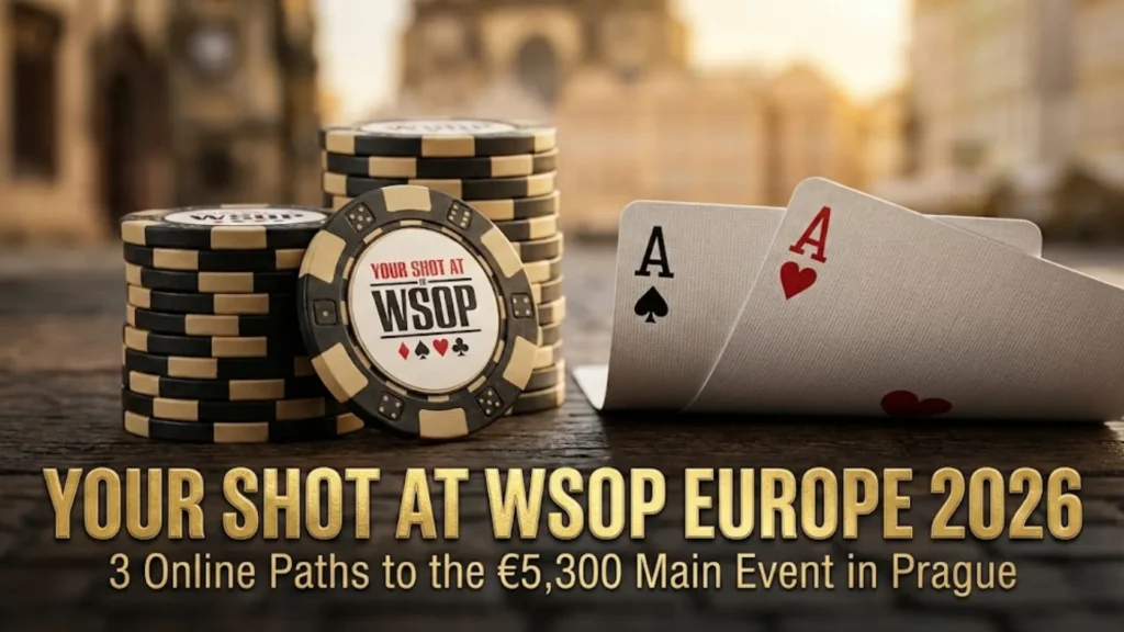 Poker chips and pocket Aces on a table with text "Your Shot at WSOP Europe 2026", representing online qualifiers for the €5,300 Main Event in Prague.