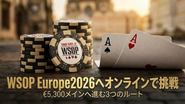 木製のテーブルに置かれたポーカーチップと2枚のA、「WSOP Europe 2026へオンラインで挑戦」の文字があり、プラハでの€5,300メインイベントに向けたオンライン予選を表しています。