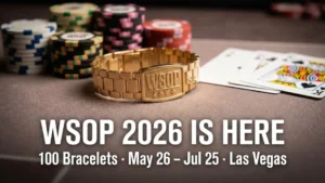 Close-up of a gold WSOP bracelet, poker chips, and cards on a poker table, announcing the WSOP 2026 Las Vegas schedule.
