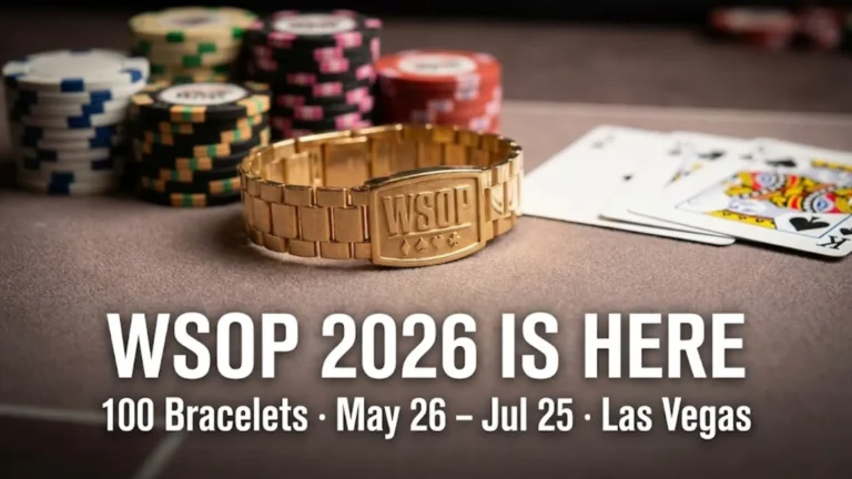 Close-up of a gold WSOP bracelet, poker chips, and cards on a poker table, announcing the WSOP 2026 Las Vegas schedule.