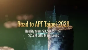 Macro shot of poker chips and hologram skyline for APT Taipei 2026 qualifiers.