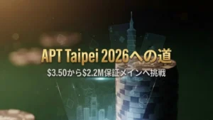 APT台北2026メインイベント予選のポーカーチップとホログラムのイメージ画像。