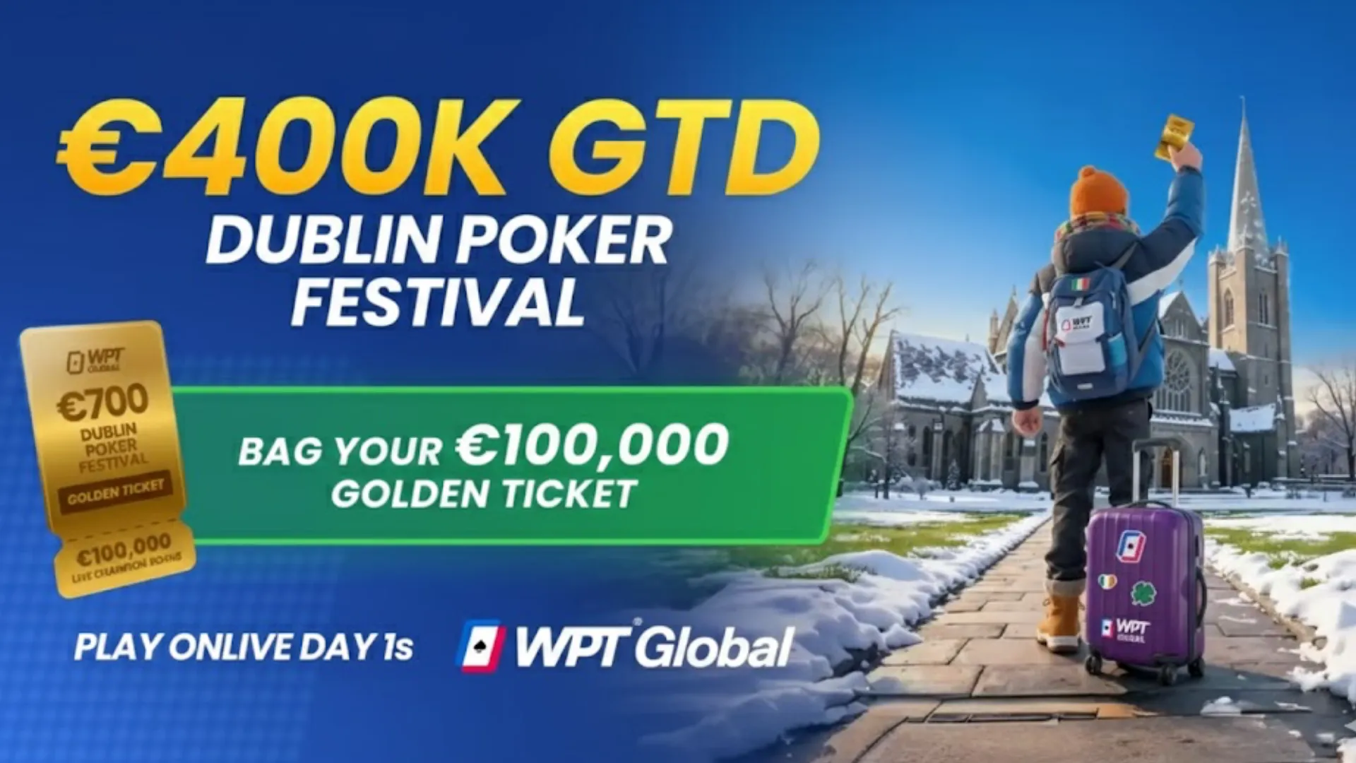 Poker player walking towards Dublin church holding a WPT Global golden ticket for the €400K GTD Dublin Poker Festival.