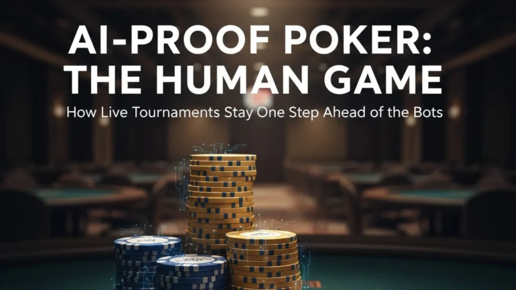 Stacks of casino chips with digital effects on a poker table, illustrating AI-proof live poker tournaments by PokerOffer.