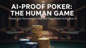 Stacks of casino chips with digital effects on a poker table, illustrating AI-proof live poker tournaments by PokerOffer.