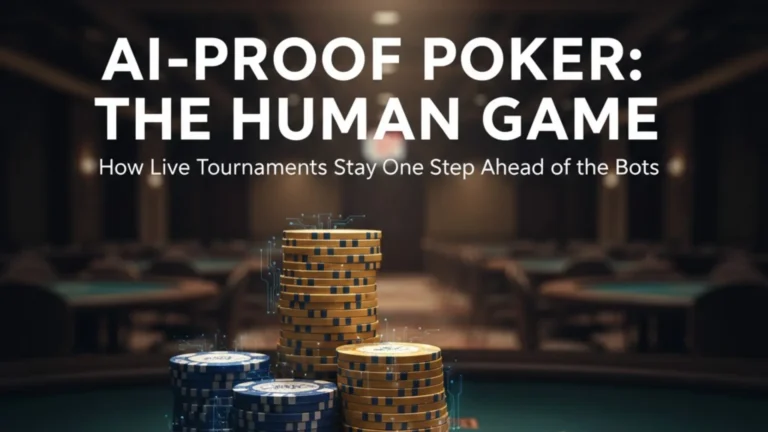 Stacks of casino chips with digital effects on a poker table, illustrating AI-proof live poker tournaments by PokerOffer.