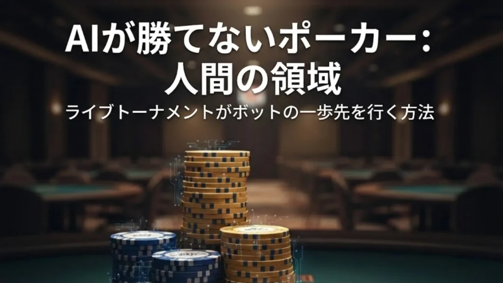 ポーカテーブル上のデジタルエフェクト付きカジノチップ、PokerOfferによるAIが勝てないライブポーカートーナメントを表現。