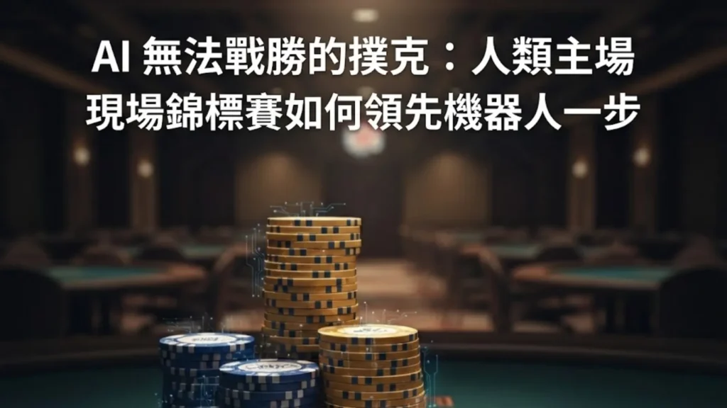 撲克桌上帶有數位特效的籌碼疊，展示 PokerOffer 關於 AI 無法戰勝的現場撲克錦標賽。