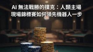 撲克桌上帶有數位特效的籌碼疊，展示 PokerOffer 關於 AI 無法戰勝的現場撲克錦標賽。