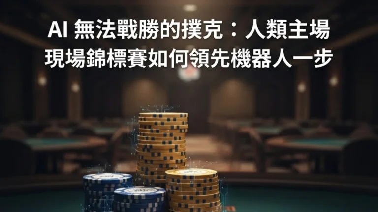 撲克桌上帶有數位特效的籌碼疊，展示 PokerOffer 關於 AI 無法戰勝的現場撲克錦標賽。