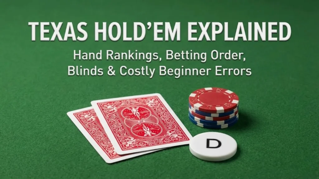 Cover image for "Texas Hold'em Explained" guide, featuring playing cards, poker chips, and a dealer button, detailing hand rankings, betting order, blinds, and beginner errors on a green felt table.