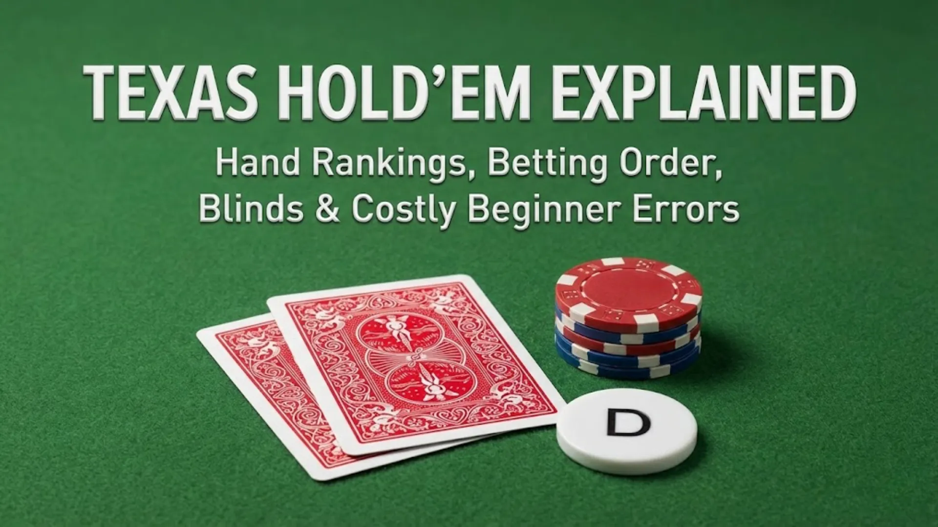 Cover image for "Texas Hold'em Explained" guide, featuring playing cards, poker chips, and a dealer button, detailing hand rankings, betting order, blinds, and beginner errors on a green felt table.