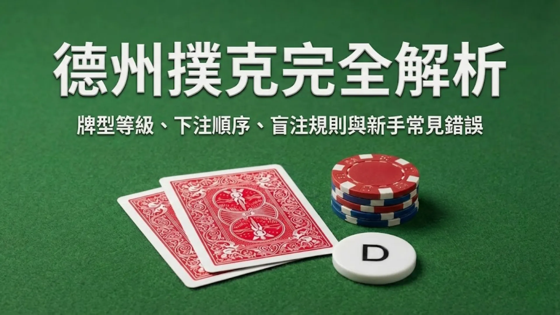 「德州撲克完全解析」指南封面圖，展示綠色牌桌上的撲克牌、籌碼和莊家鈕，內容涵蓋牌型等級、下注順序、盲注規則與新手常見錯誤。
