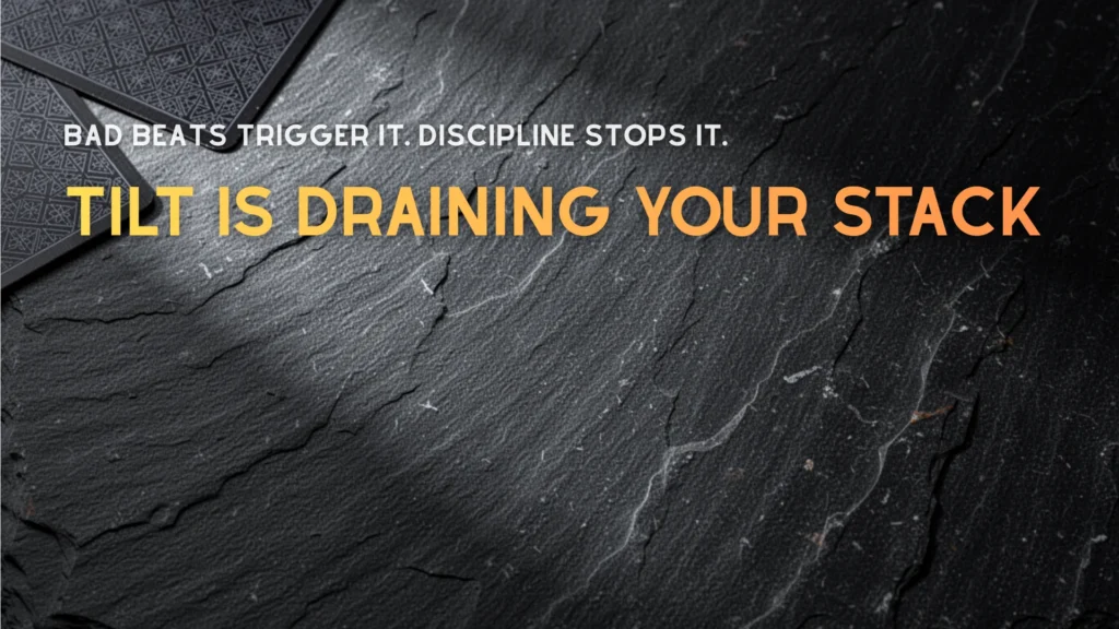 Poker tilt concept cover image with dark stone texture background and bold headline “Tilt Is Draining Your Stack” about bankroll discipline