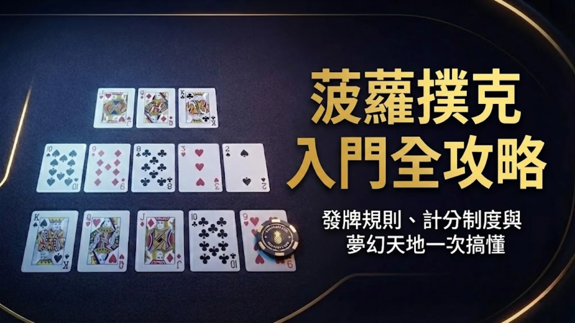 PokerOffer 菠蘿撲克 (OFC Pineapple) 指南封面圖，展示綠色牌桌上的13張牌陣型，並帶有「你的三道，比對手強嗎？」文字