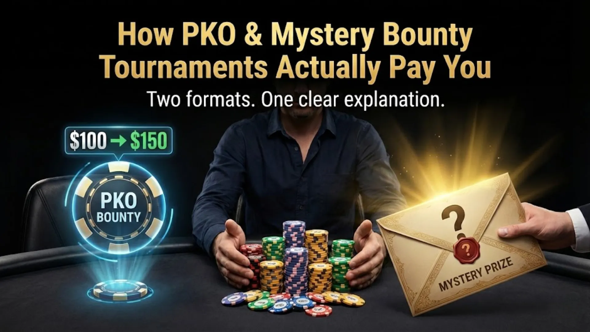 PokerOffer guide cover for PKO and Mystery Bounty tournaments, featuring a poker player with chips, a glowing PKO progressive bounty token, and a sealed Mystery Prize envelope.