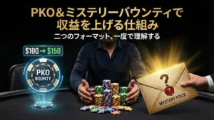 PokerOfferのPKOとミステリーバウンティトーナメントのガイドカバー画像。ポーカープレイヤー、チップ、光るPKOバウンティトークン、そして密封されたミステリープライズの封筒を表示。