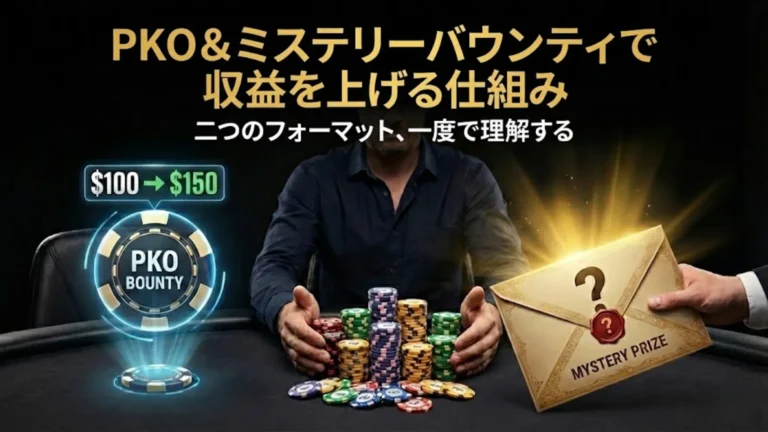 PokerOfferのPKOとミステリーバウンティトーナメントのガイドカバー画像。ポーカープレイヤー、チップ、光るPKOバウンティトークン、そして密封されたミステリープライズの封筒を表示。