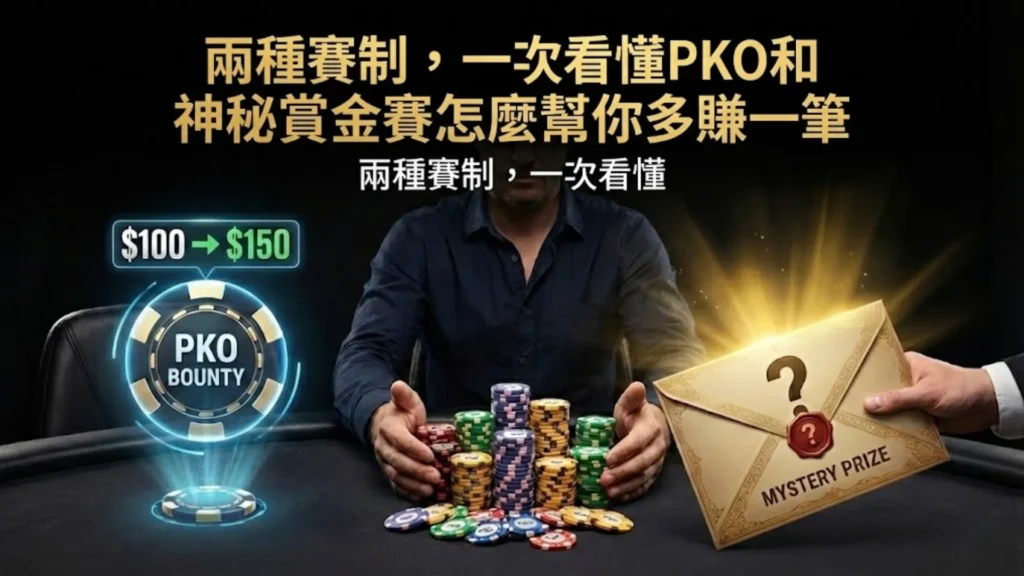 PokerOffer PKO與神秘賞金賽指南封面圖，展示一名撲克玩家與籌碼、發光的PKO漸進式賞金代幣，以及一個密封的神祕獎金信封。