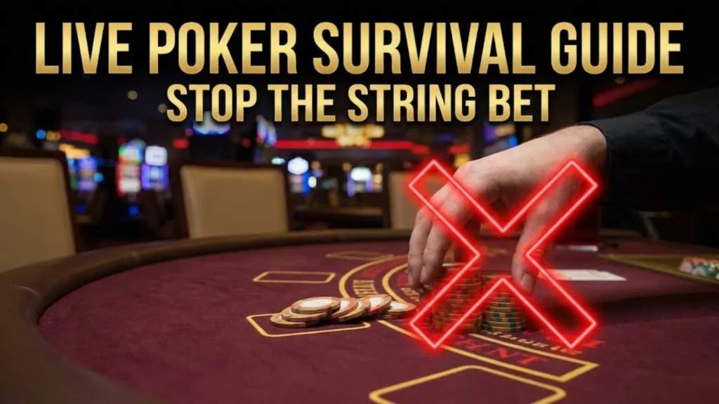 PokerOffer live poker survival guide cover illustrating a string bet with casino chips crossed out by a red neon X.