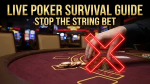 PokerOffer live poker survival guide cover illustrating a string bet with casino chips crossed out by a red neon X.